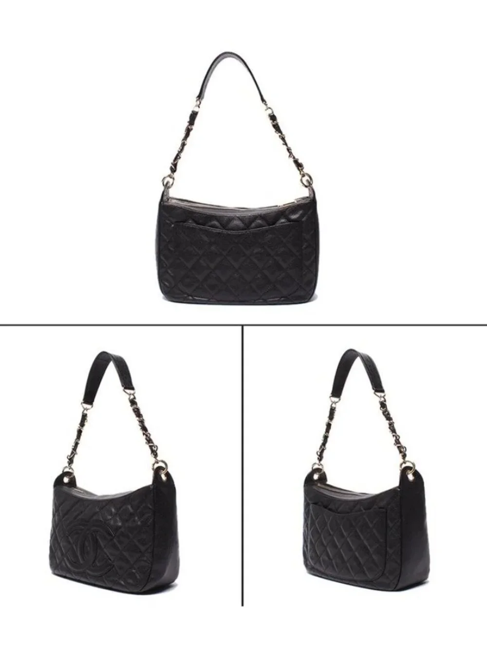 Chanel Chain Shoulder Bag Gold Caviar Leather Quilted - Picture 2 of 10